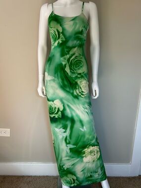 Lovers and Friends NWT Green Rose Print Maxi Slip Dress XS Floral Open Back